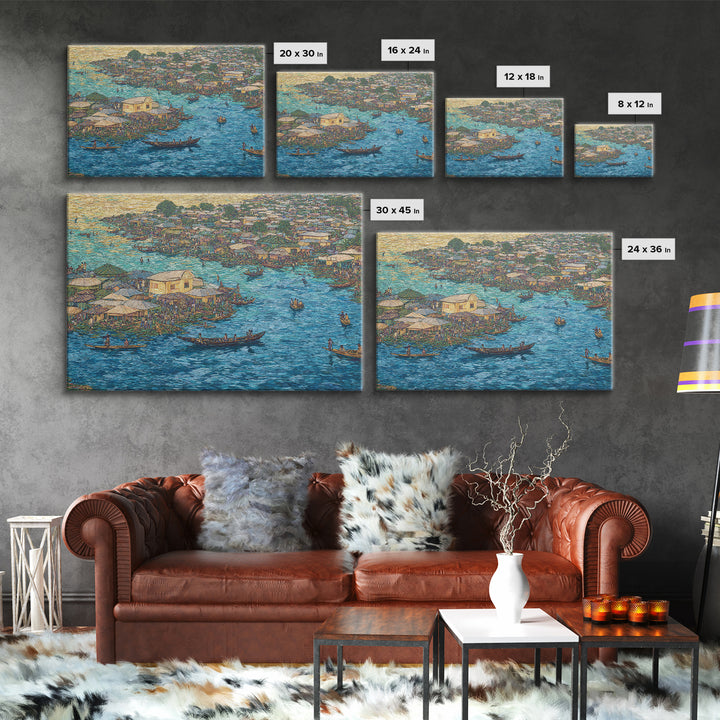 Blue Floating Village Canvas Print, African Coastal Boats And Water Market, Cultural Wall Decor For Living Room Gallery Art