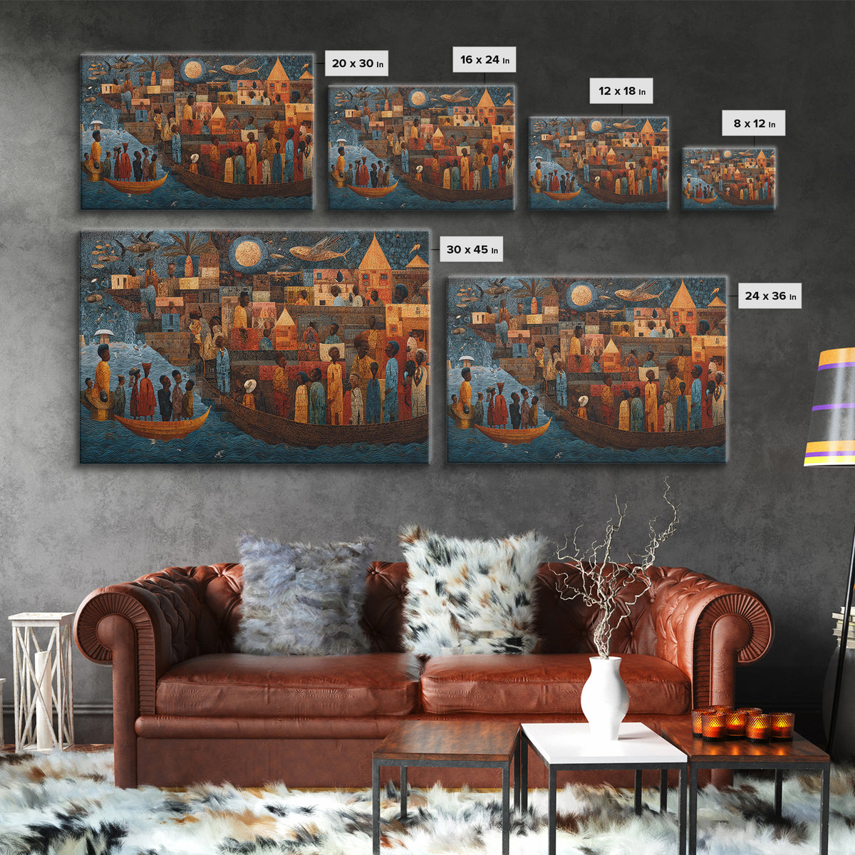 Moonlit African Story Boat Wall Art, Folk Village Figures And Ancestral River, Afrocentric Cultural Decor Canvas Print Gift