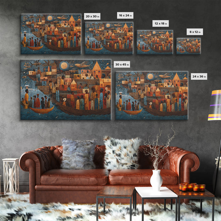 Moonlit African Story Boat Wall Art, Folk Village Figures And Ancestral River, Afrocentric Cultural Decor Canvas Print Gift
