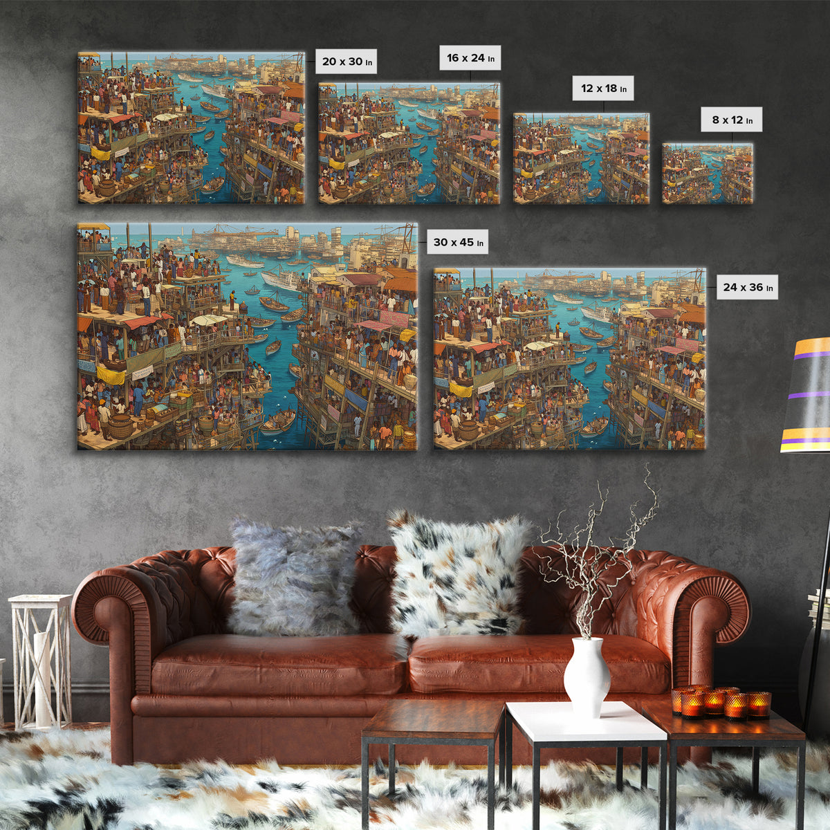 Crowded Coastal Harbor Wall Art, African Waterfront Market City, Detailed Boat Scene For Urban Living Room Decor Canvas Print Gift