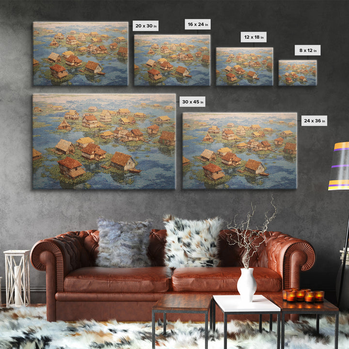 Peaceful Stilt Village Framed Canvas Print, Floating Water Houses And Boats, African Coastal Wall Decor For Home Gallery