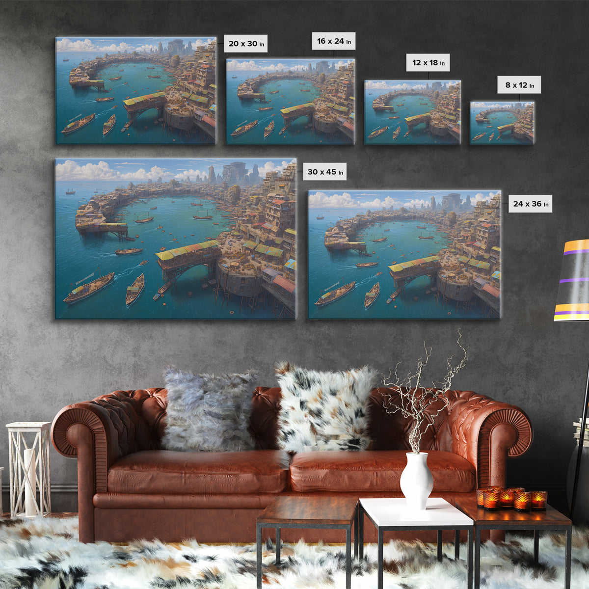 Futuristic African Harbor Canvas Print, Panoramic Coastal City With Boats, Modern Wall Art For Living Room Statement Decor