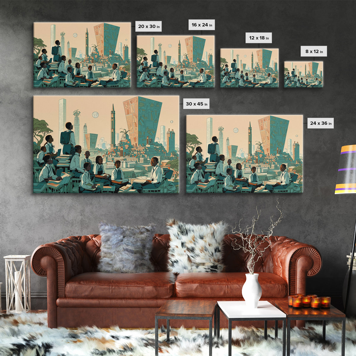 Afrofuturist Classroom Wall Art, African Children Cityscape, Black Education Poster, Modern Culture Home Decor Gift, Canvas Print