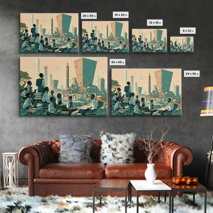 Afrofuturist Classroom Wall Art, African Children Cityscape, Black Education Poster, Modern Culture Home Decor Gift, Canvas Print