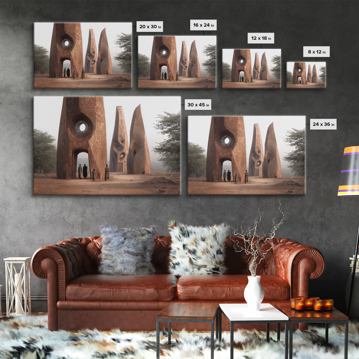 Terracotta Tribal Tower Wall Art, African Sculpture Inspired Architecture, Desert Monument Canvas Print, Bold Home Decor