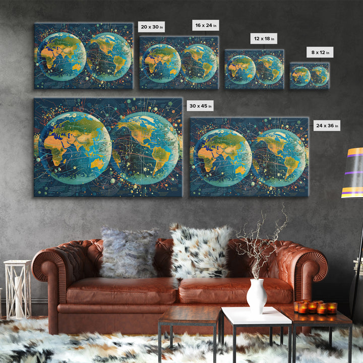Dual Globe World Map Wall Art, Modern Geography Poster, Science Office Decor, Educational Travel Gift For Home And Classroom Decor