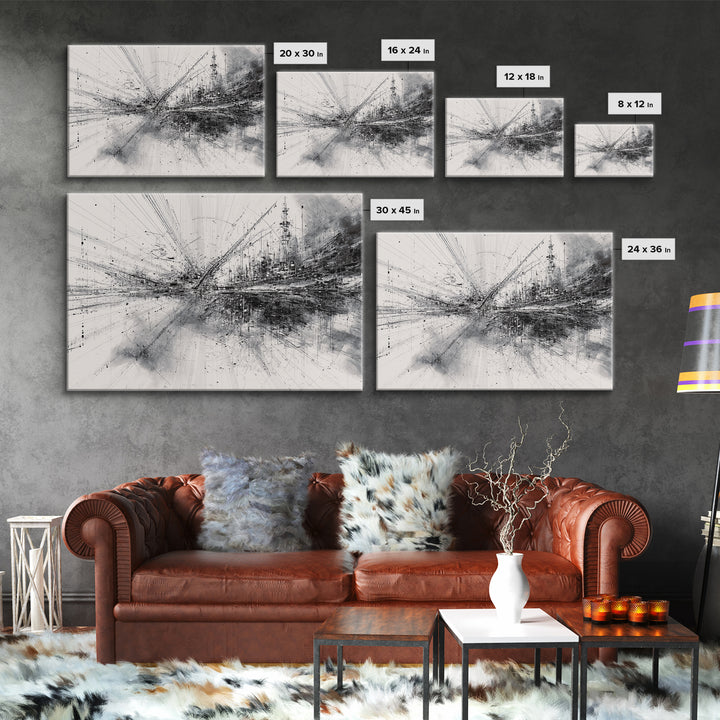 Monochrome Abstract Technical Skyline Canvas Print, Black And White Wall Decor, Minimalist Modern Office Art Gift For Study