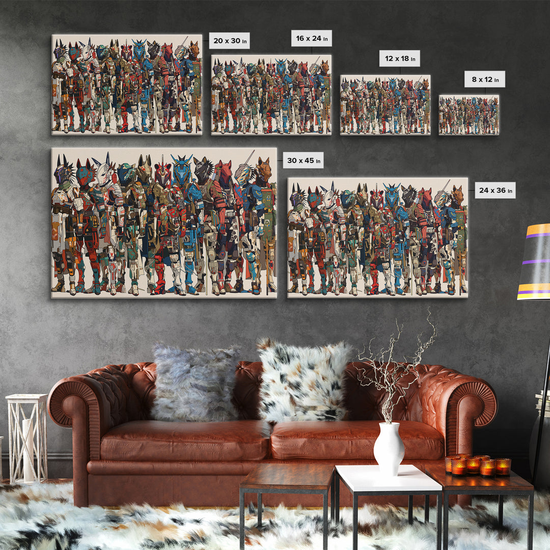 Futuristic African Mecha Warriors, Tribal Mask Canvas Print, Afrocentric Wall Art, Bold Black Culture Art, Modern Safari Decor