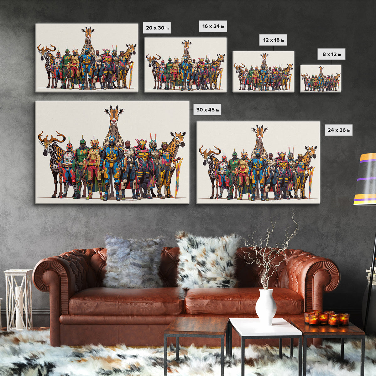 Afrofuturist Safari Warriors With Giraffes, African Wall Art, Framed Canvas Print, Tribal Queen Art, Bold Home Decor Gift
