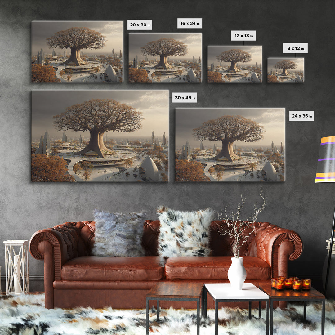 Giant Baobab Future City At Sunset, African Landscape Wall Art, Framed Canvas Print, Afrofuturism Decor, Statement Art For Living Room