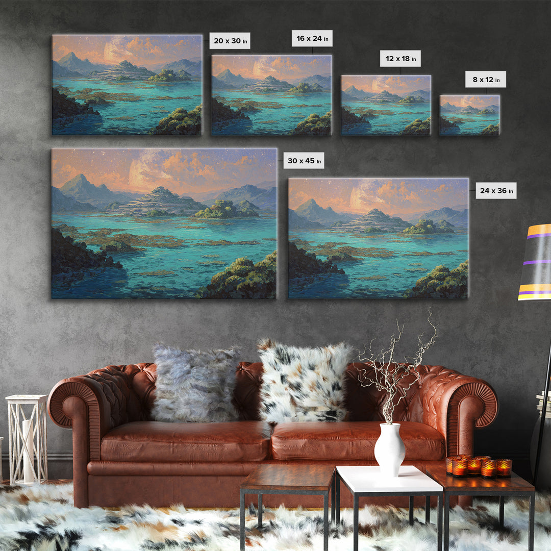 Turquoise Island Temple Landscape, Dreamy African Inspired Wall Art, Canvas Print, Nature Scene Art, Bohemian Home Decor Gift