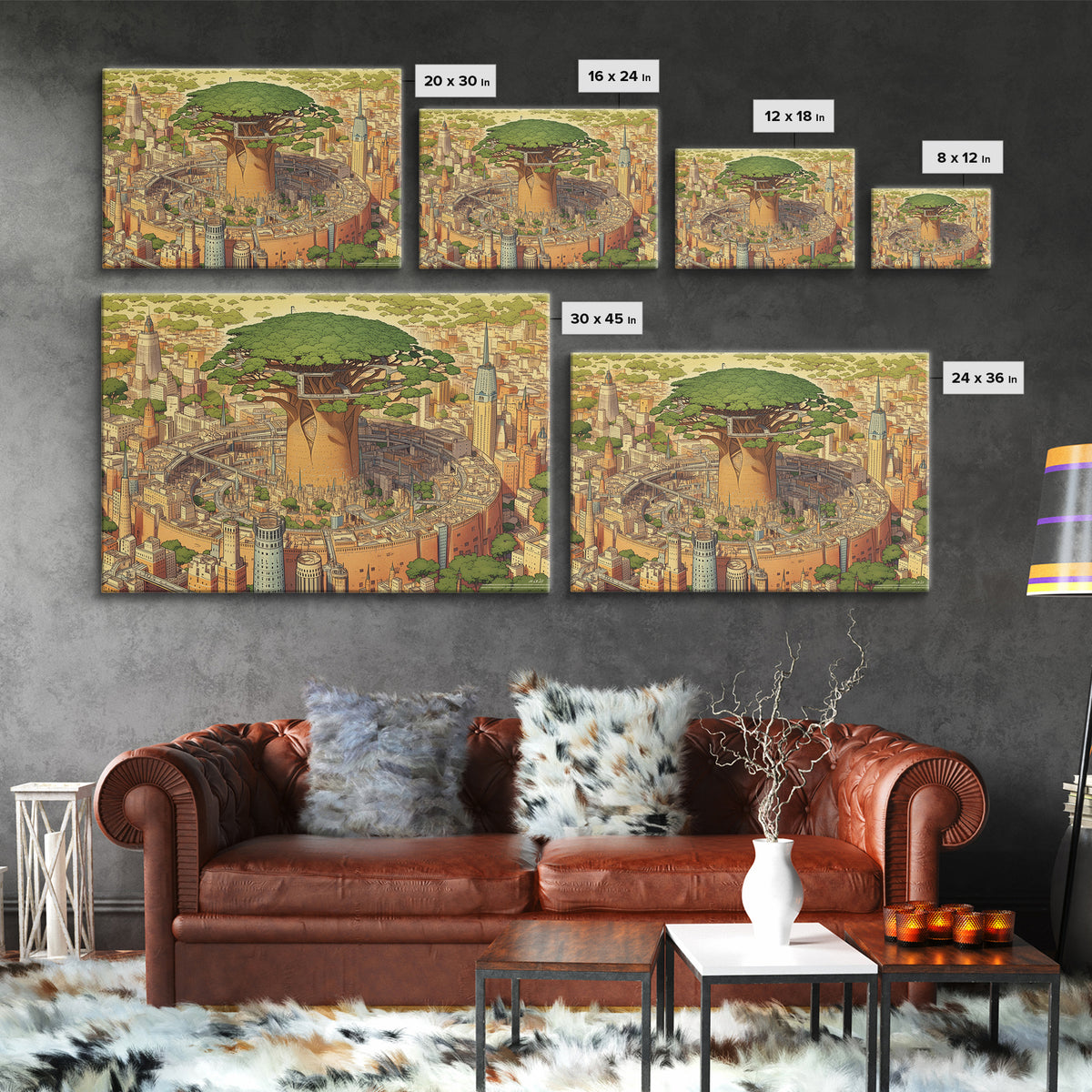 Illustrated Baobab Megacity, African Tree Wall Art, Framed Canvas Print, Afrofuturism Decor, Statement Cultural Home Decor Gift