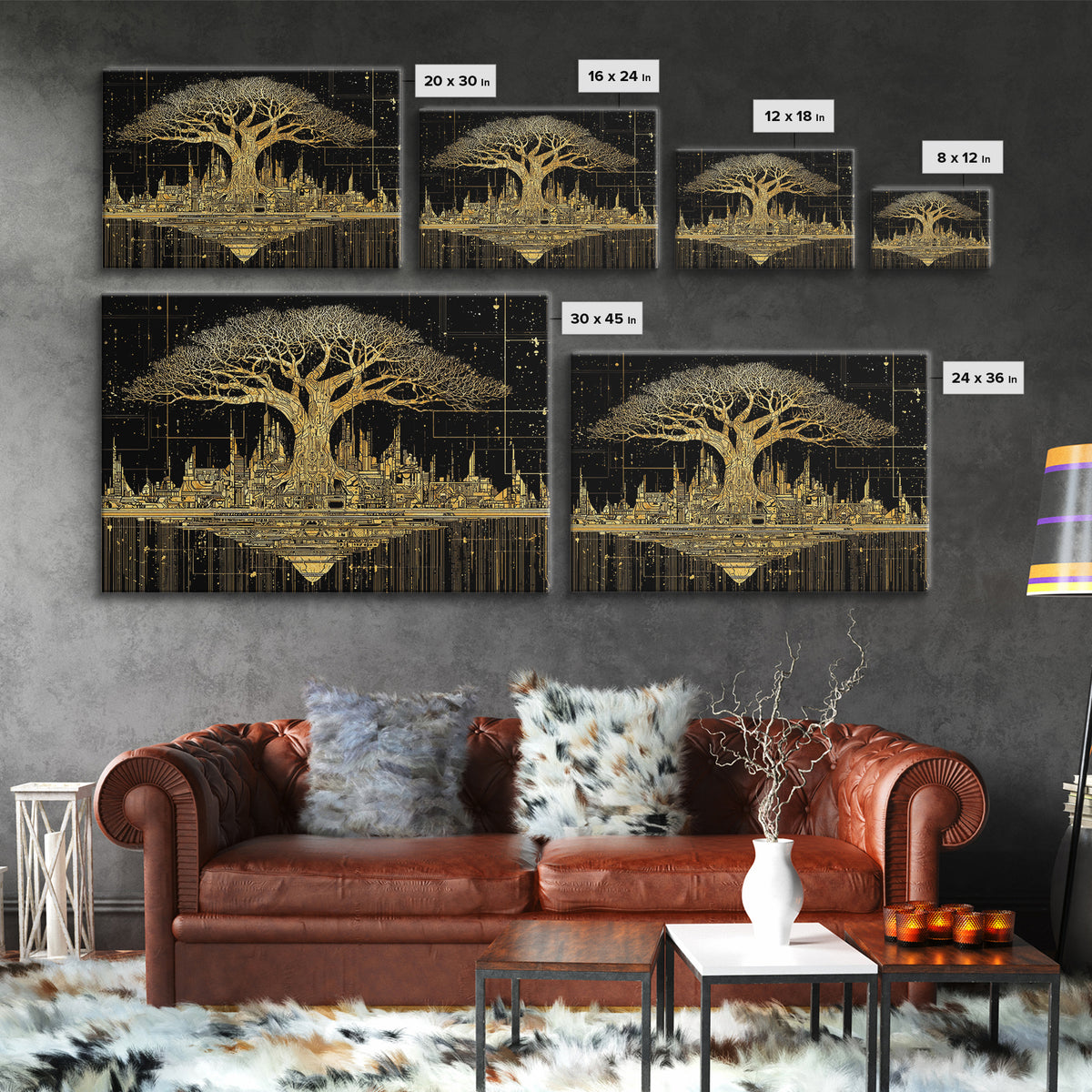 Gold Baobab Futuristic Skyline On Black, African Wall Art, Canvas Print, Black And Gold Art, Luxury Canvas Art Statement Home Decor