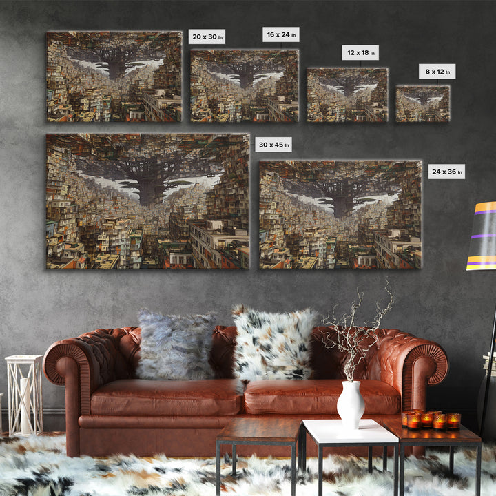 Upside Down Baobab Cityscape, African Abstract Wall Art, Framed Canvas Print, Urban Wall Art, Afrofuturism Statement Home Decor