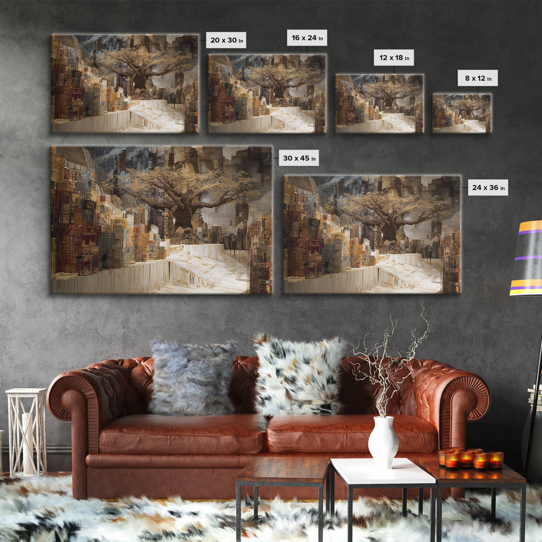 Golden Baobab In Abstract Cityscape Wall Art, African Landscape, Modern African Art, Earth Tone Living Room Decor Canvas