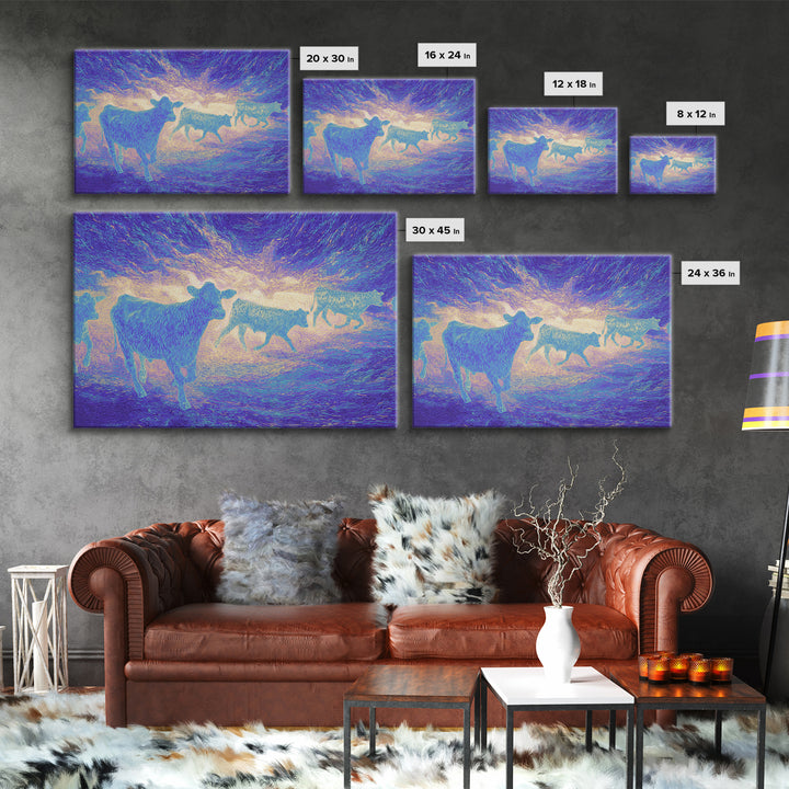 Neon Pastel Cows At Sunset Canvas Print, African Animal Art, Safari Art, Colorful Wall Decor, Farm Animal Living Room Art