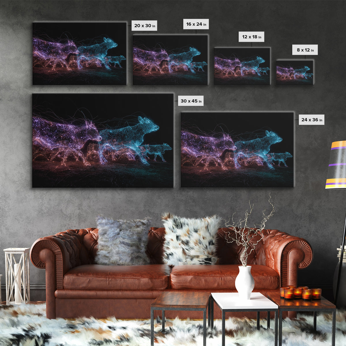 Glowing Digital Cattle Herd Wall Art, African Animal Art, Modern Abstract Black Art, Neon Safari Decor, Unique Canvas Print