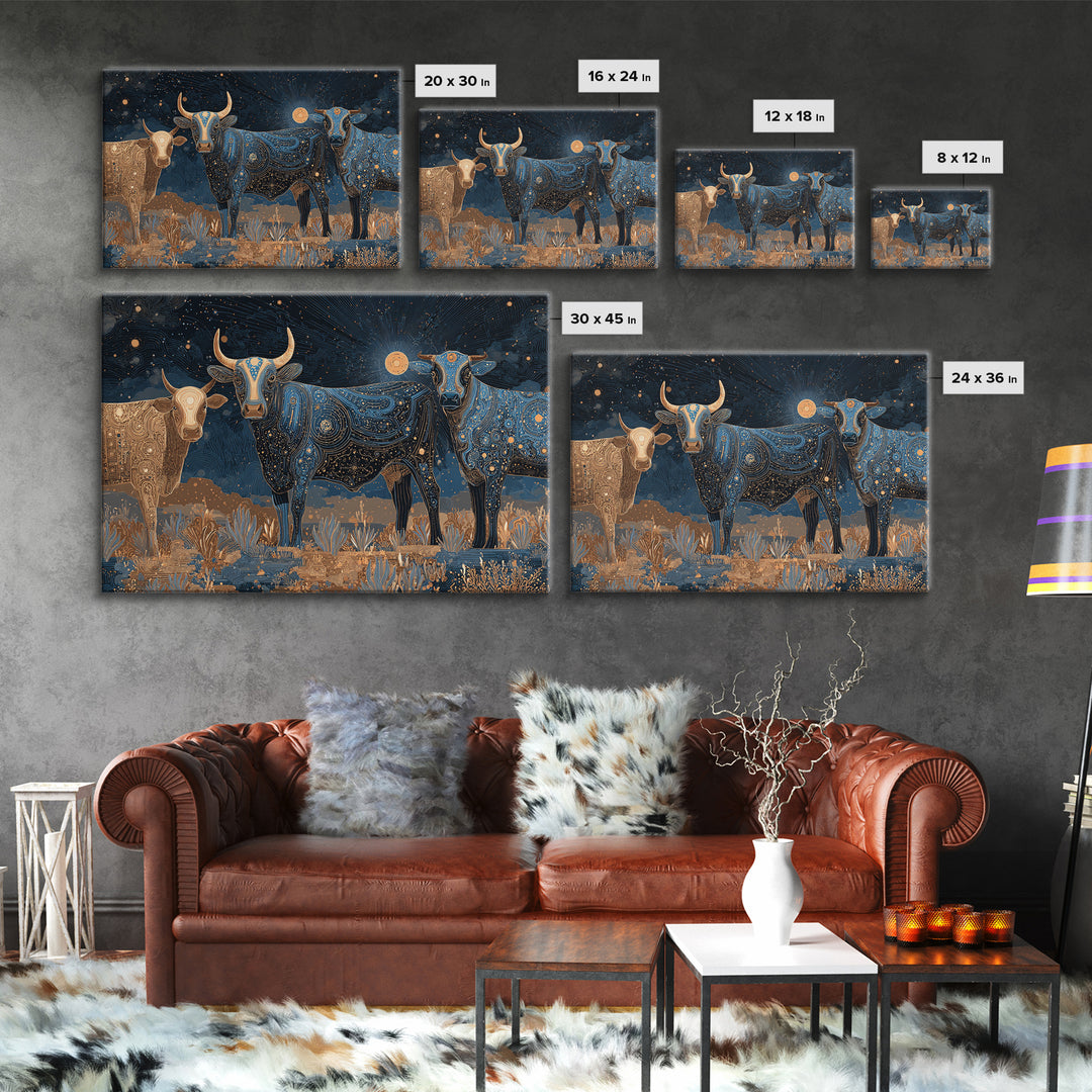 Celestial Longhorn Cattle Canvas Print, African Animal Art, Tribal Patterns, Southwestern Wall Decor, Boho Living Room Art