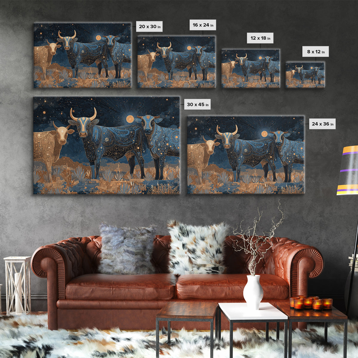 Celestial Longhorn Cattle Canvas Print, African Animal Art, Tribal Patterns, Southwestern Wall Decor, Boho Living Room Art