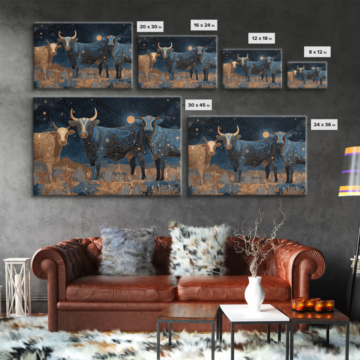 Celestial Longhorn Cattle Canvas Print, African Animal Art, Tribal Patterns, Southwestern Wall Decor, Boho Living Room Art