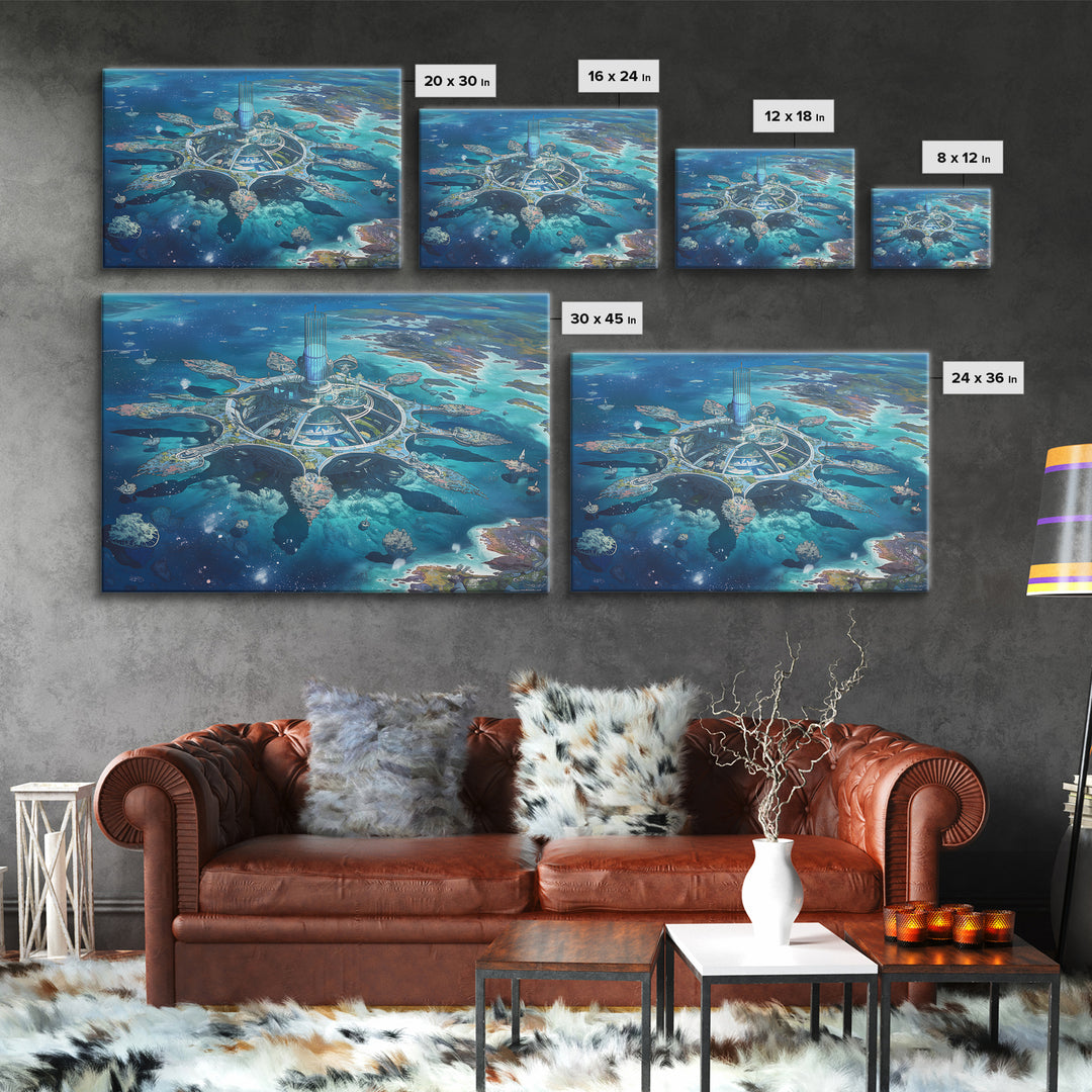 Futuristic Ocean City And Floating Islands Canvas Print, Afrofuturism Wall Art, Blue Sci Fi Coastal Home Decor For Office Gift