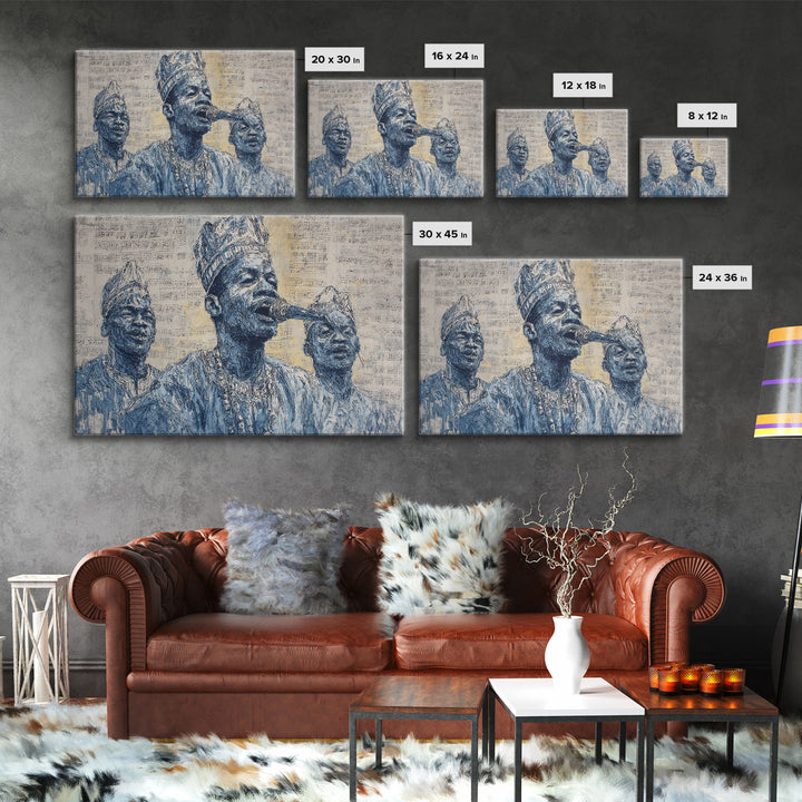 Blue Ink African Musicians Singing In Traditional Hats Wall Art, Cultural Portrait Art Print, Black History Home Decor Gift