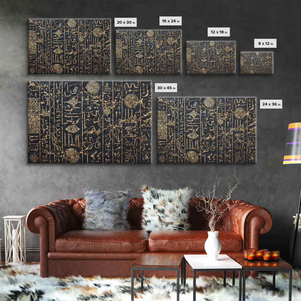 Ancient African Egyptian Symbols Wall Art, Gold Black Canvas Style, Ethnic Art Print, Cultural Wall Decor, Mystical Decor