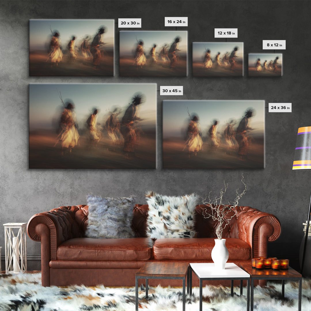Twilight Tribal Warriors Dancing Framed Canvas Print, African Warrior Art, Safari Culture Wall Decor, Ethnic Home Decor Gift