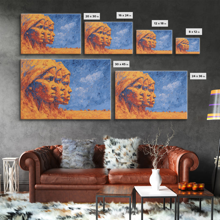 Three African Women Profiles Canvas Print, Orange Blue Portrait Wall Art, Black Beauty Art, Afrocentric Home Decor Art Gift
