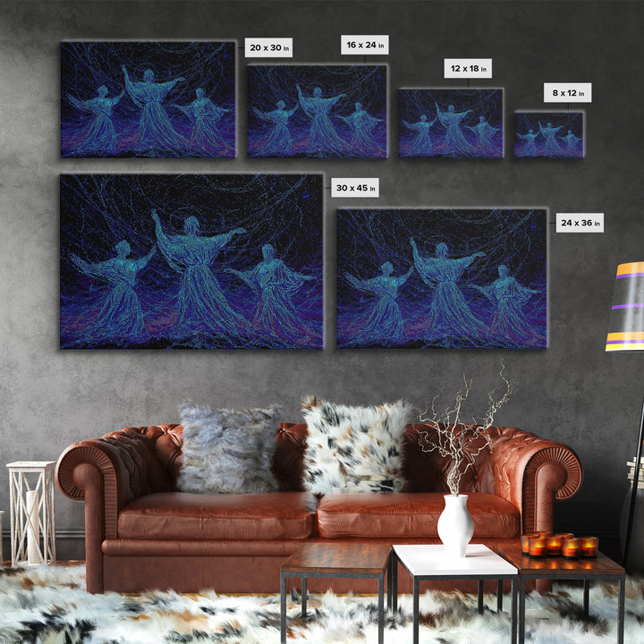 Glowing Blue African Dancers In Starry Motion Wall Art, Afrocentric Decor, Spiritual Feminine Canvas, Modern Black Art Prints