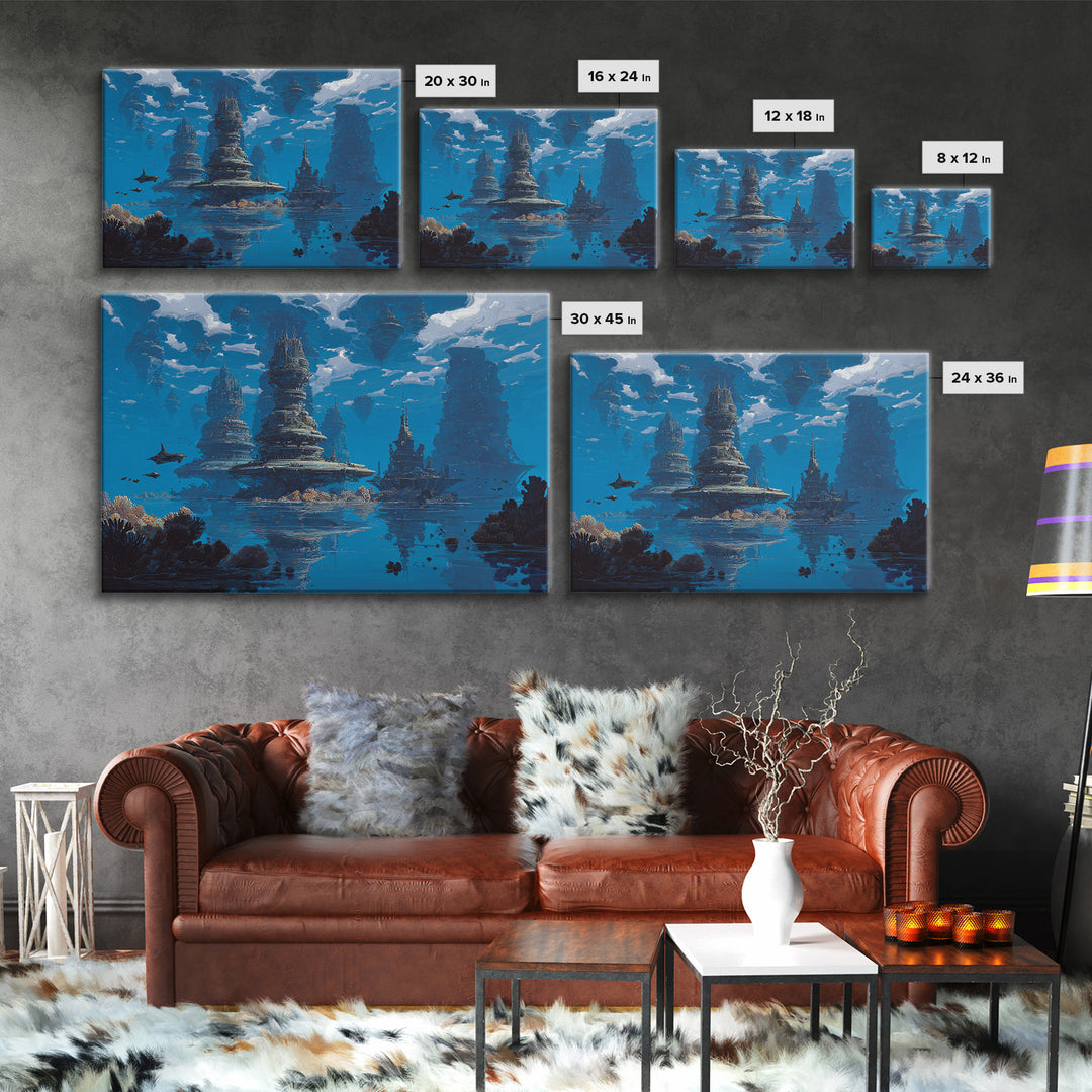 Blue Underwater Fantasy Cityscape Wall Art, Modern Canvas Print, Dreamy Ocean Decor, Unique Large Living Room Art, Home Decor Gift