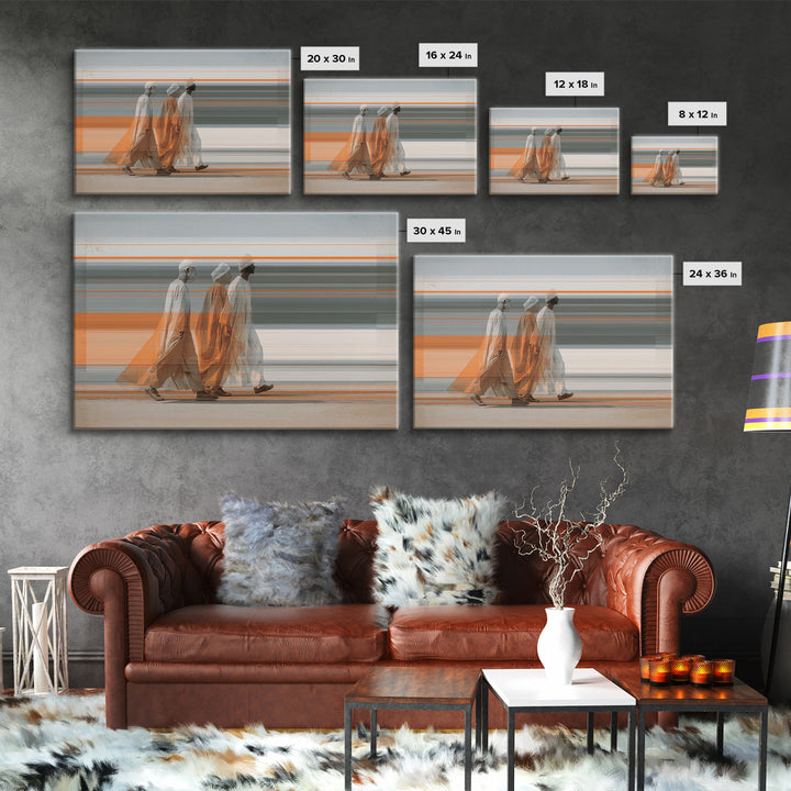 Three Robed Travelers In Motion Wall Art, African Inspired Modern Canvas, Cultural Home Decor, Statement Living Room Print