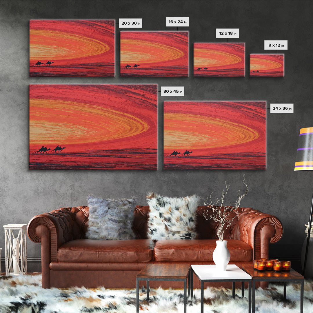 Camels Crossing Fiery Desert Sunset Canvas Print, African Safari Art, Burnt Orange Decor, Travel Poster, Statement Wall Decor