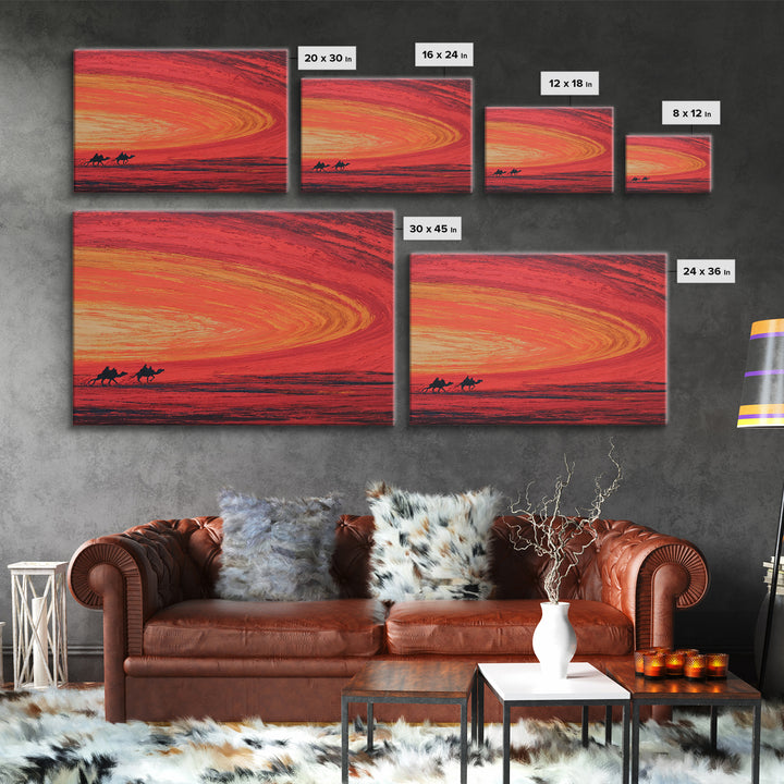 Camels Crossing Fiery Desert Sunset Canvas Print, African Safari Art, Burnt Orange Decor, Travel Poster, Statement Wall Decor