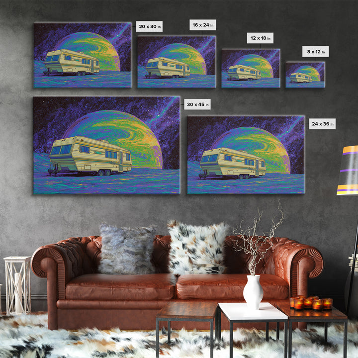 Retro Camper On Psychedelic Alien Planet Canvas Print, Digital Art, Afrofuturism Decor, Space Travel Poster, Unique Wall Decor