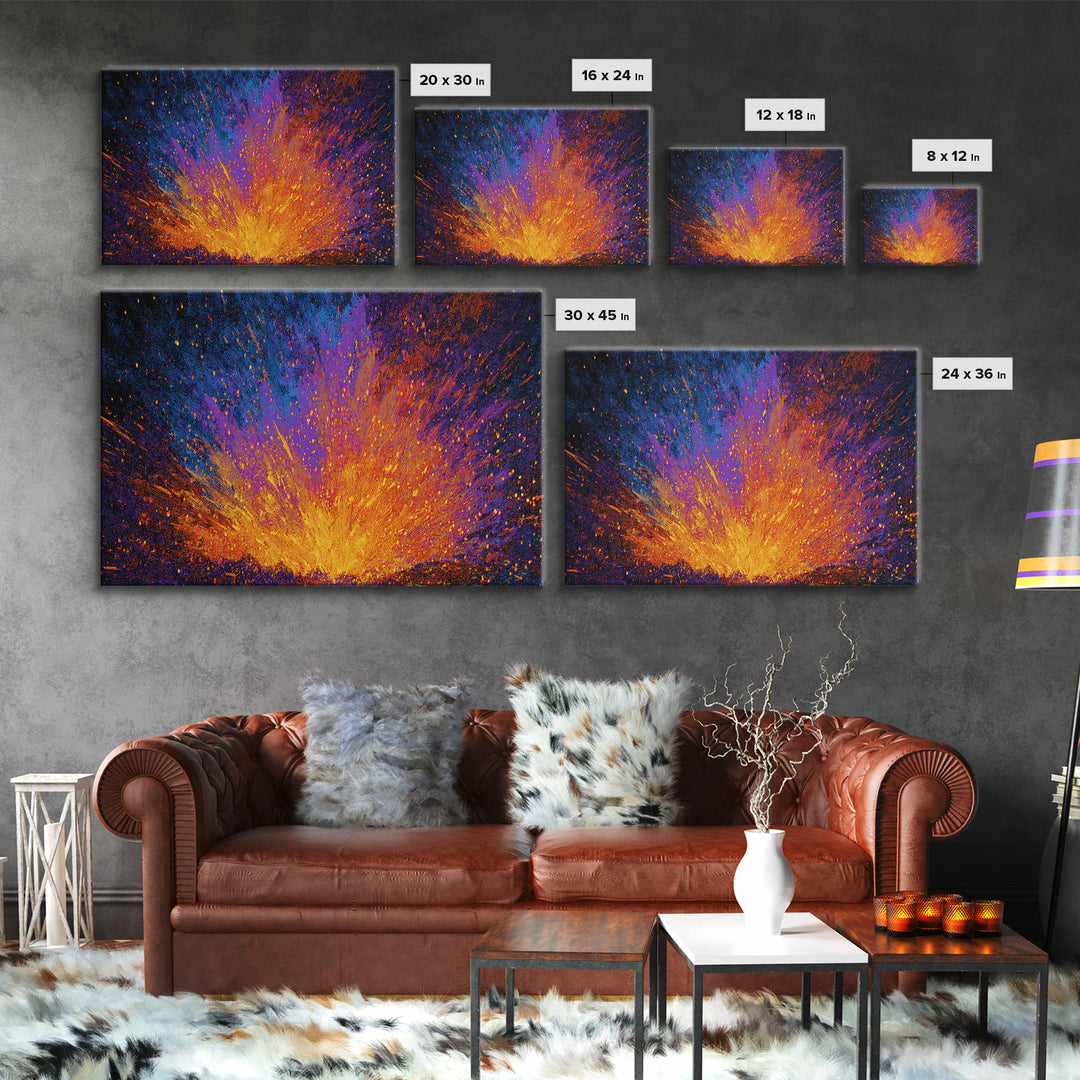 Explosive Orange And Blue Energy Burst Canvas Print, Abstract Art, Vibrant Wall Decor, Modern Painting, Bold Home Decor Gift