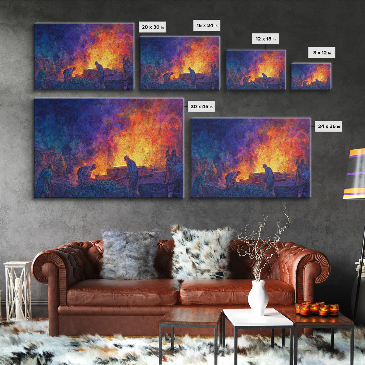 Workers Around Blazing Forge Wall Art, African American Art, Industrial Painting, Blue Orange Decor, Cultural Home Decor