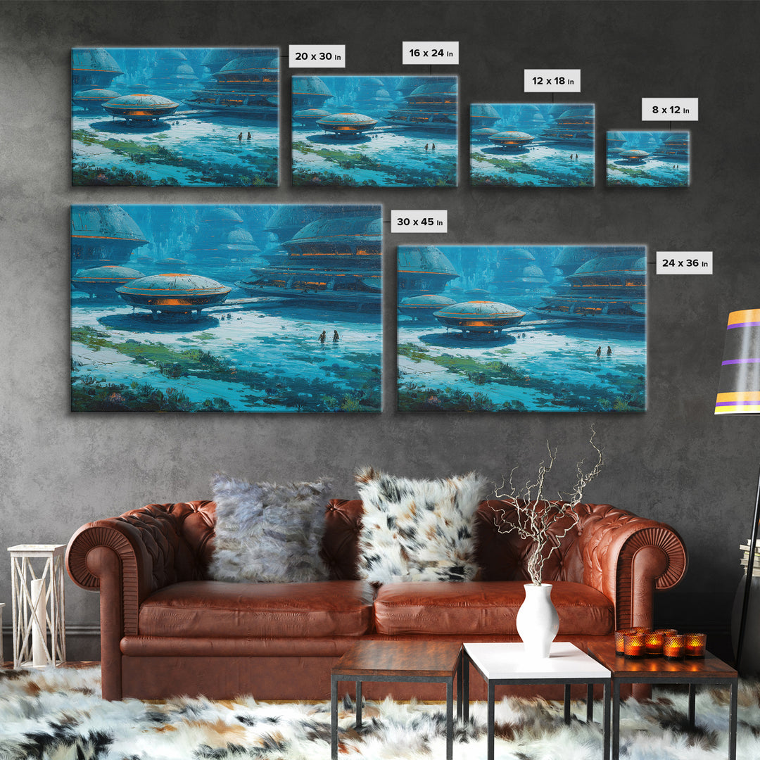 Blue Futuristic African Village Canvas Print, Afrofuturism Decor, Sci Fi Landscape, Modern Canvas Art, Unique Home Decor Gift