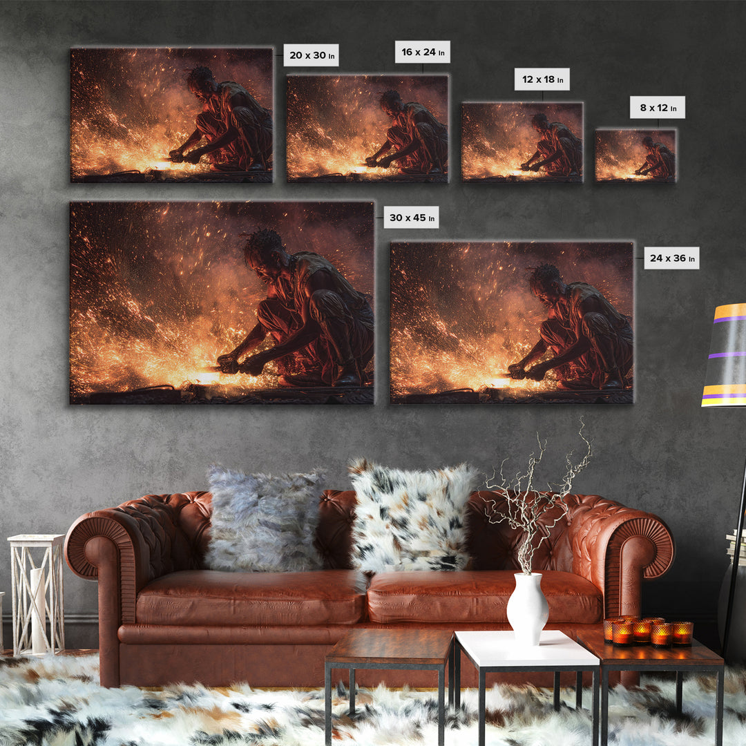 Black Artisan Forging Sparks Framed Canvas Print, African American Art, Black Man Portrait, Powerful Industrial Wall Decor Gift