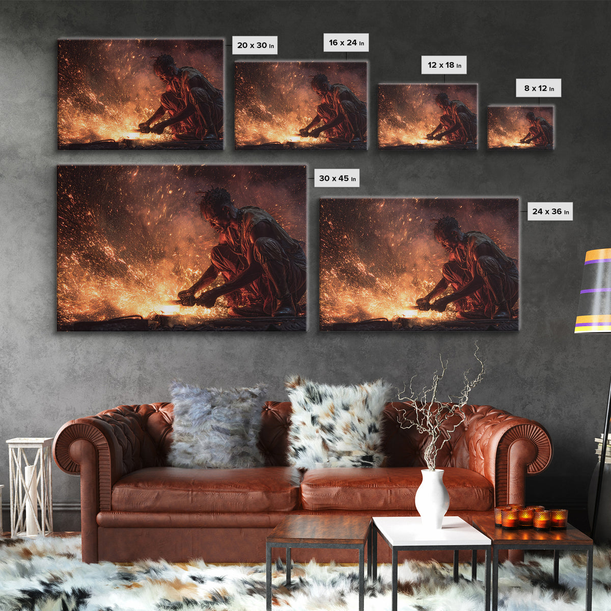 Black Artisan Forging Sparks Framed Canvas Print, African American Art, Black Man Portrait, Powerful Industrial Wall Decor Gift