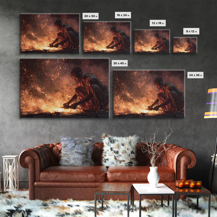 Black Artisan Forging Sparks Framed Canvas Print, African American Art, Black Man Portrait, Powerful Industrial Wall Decor Gift