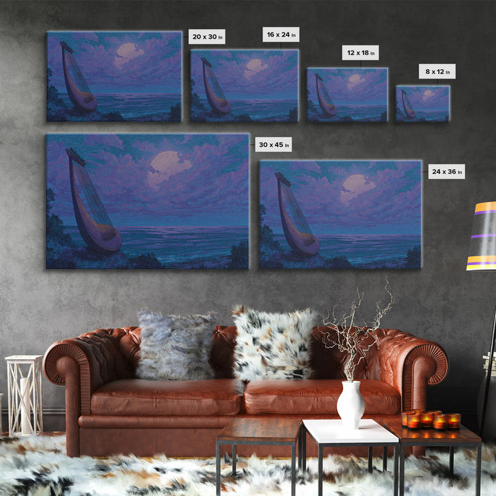 Moonlit African Kora By Ocean, Blue Purple Canvas Print, Afrocentric Wall Decor, African Music Art, Dreamy Coastal Decor