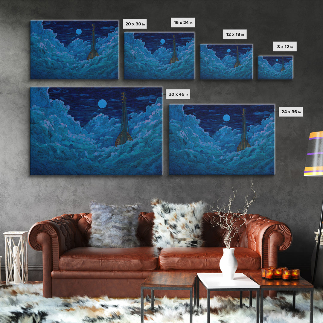 Blue Moon African Kora In Clouds Canvas Print, Dreamy Night Sky Wall Art, Afrocentric Music Decor, Mystical Bedroom Decor