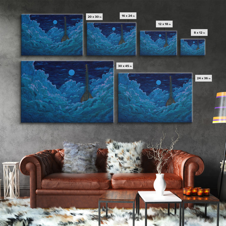 Blue Moon African Kora In Clouds Canvas Print, Dreamy Night Sky Wall Art, Afrocentric Music Decor, Mystical Bedroom Decor