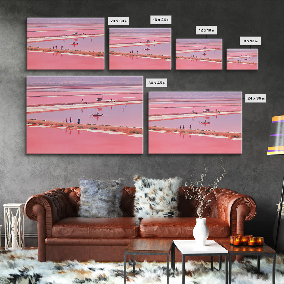 Pink African Salt Lake With Boats Wall Art, Senegal Inspired Landscape, Pastel Travel Print, Coastal Home Decor, Unique Gift