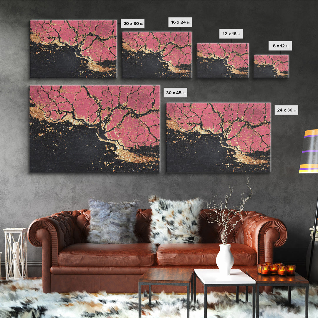 Pink Black And Gold Cracked Abstract Wall Art, Textured Canvas Print, Luxury Modern Decor, Earth Tone Statement Piece Unique Gift