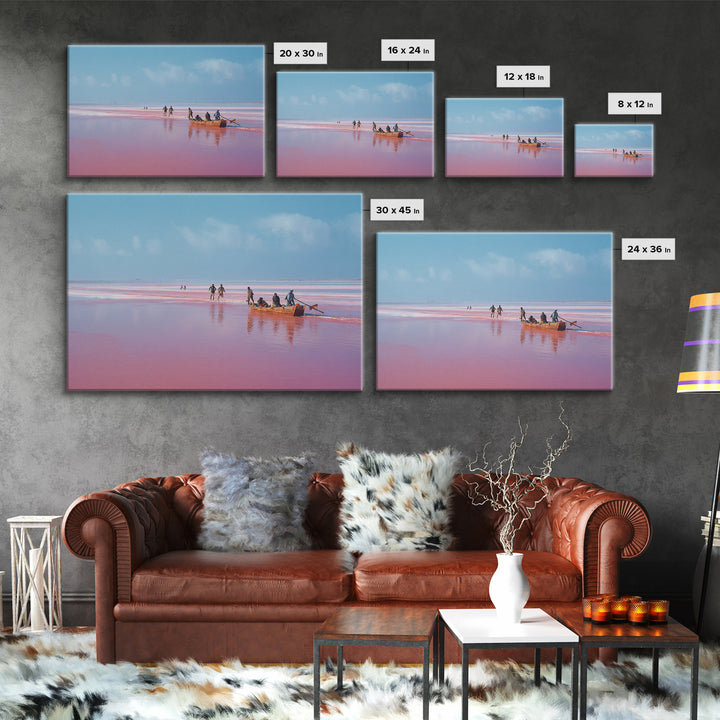 Pink Lake Boat With African Fishermen Wall Art, Senegal Travel Photography, Coastal Canvas Print, Pastel Blue Home Decor Gift