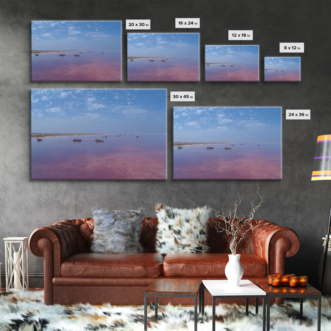Wide Pink African Lake With Fishing Boats Wall Art, Serene Travel Photography, Blue Sky Canvas Print, Coastal Living Room Decor