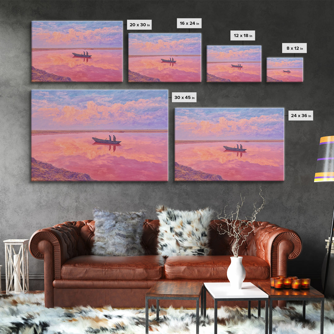 Pastel Pink Lake Boat At Sunset Canvas Print, African Landscape Wall Art, Dreamy Coastal Decor, Senegal Inspired Travel Gift