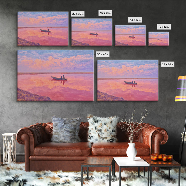 Pastel Pink Lake Boat At Sunset Canvas Print, African Landscape Wall Art, Dreamy Coastal Decor, Senegal Inspired Travel Gift